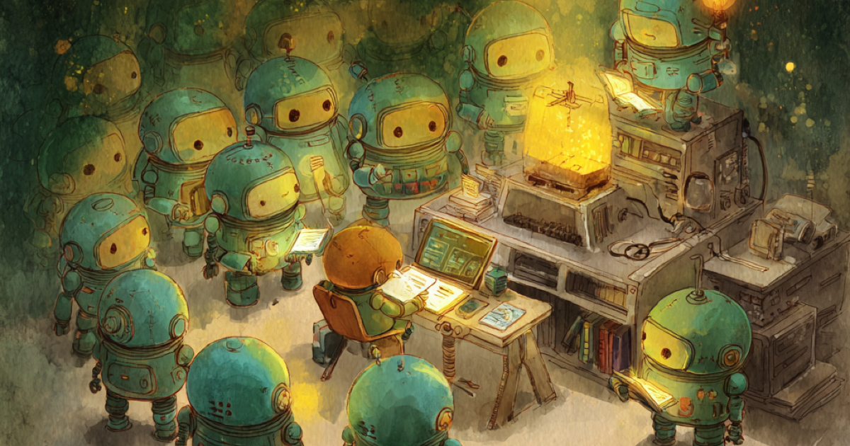 AI robots congregating around a glowing shrine