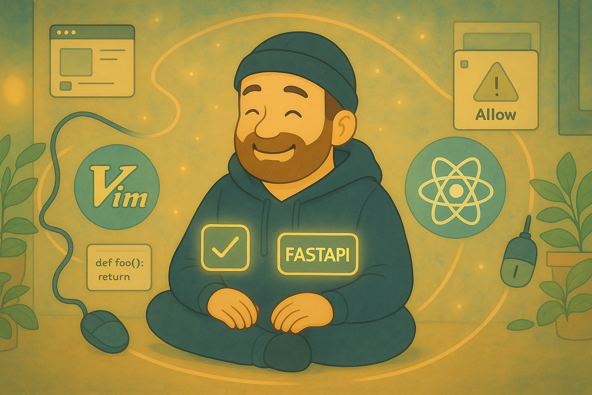 Developer at a keyboard with Vim, React, FastAPI, and a permission dialog around the workstation