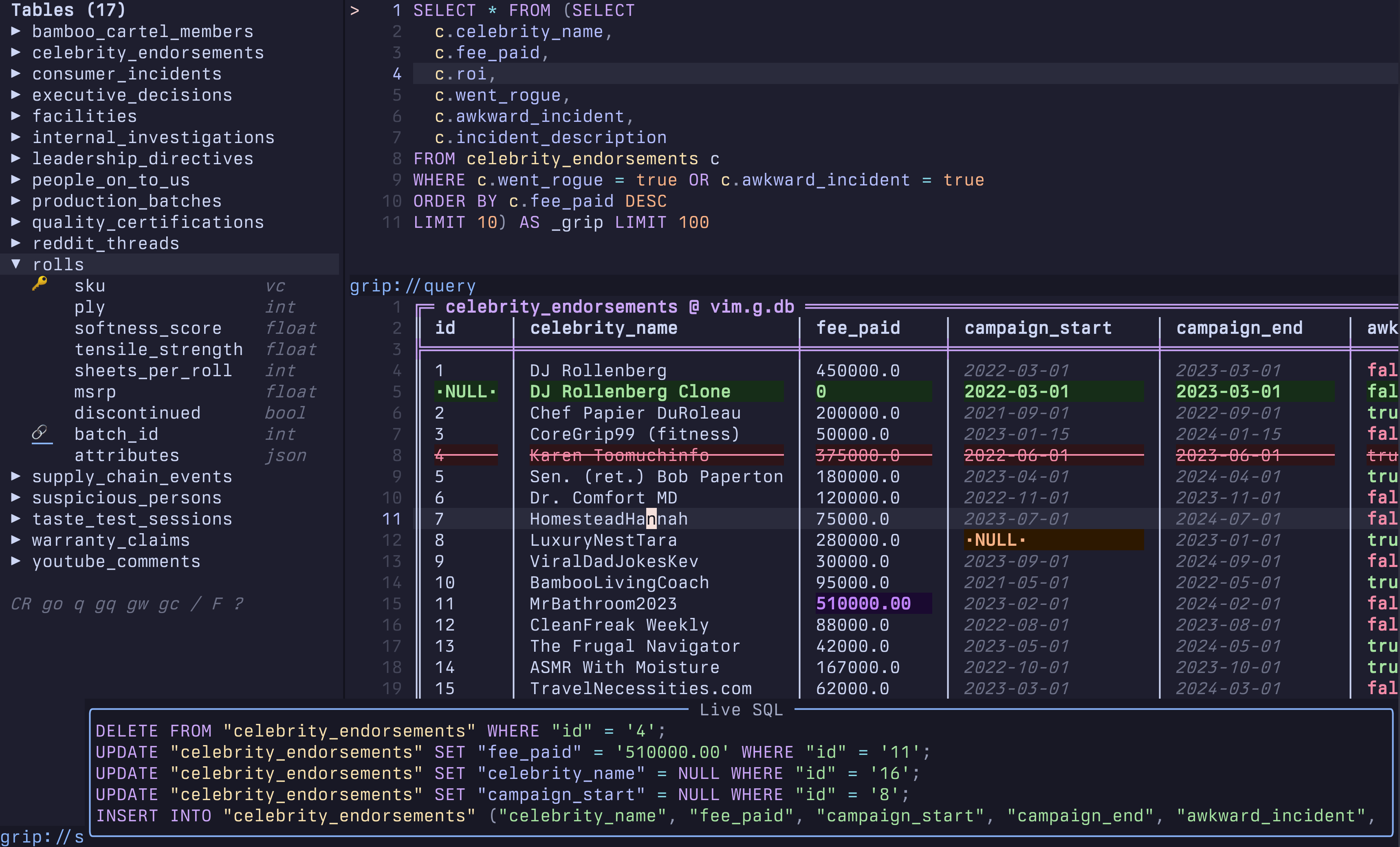 dadbod-grip: schema sidebar, query pad, and editable grid with color-coded mutations