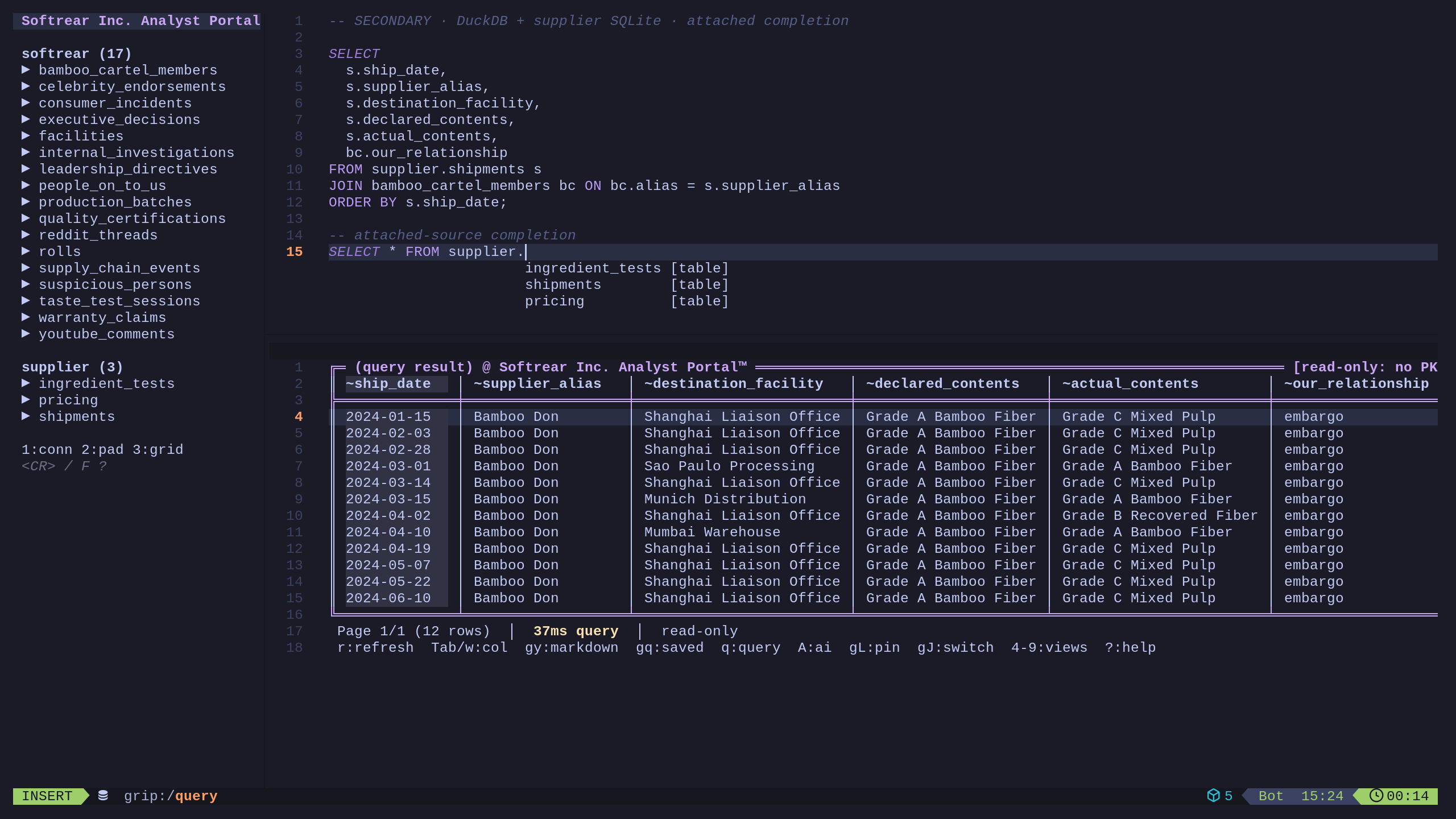 Dadbod Grip joining shipment records from an attached supplier database with Softrear supplier records while schema-qualified completion remains open