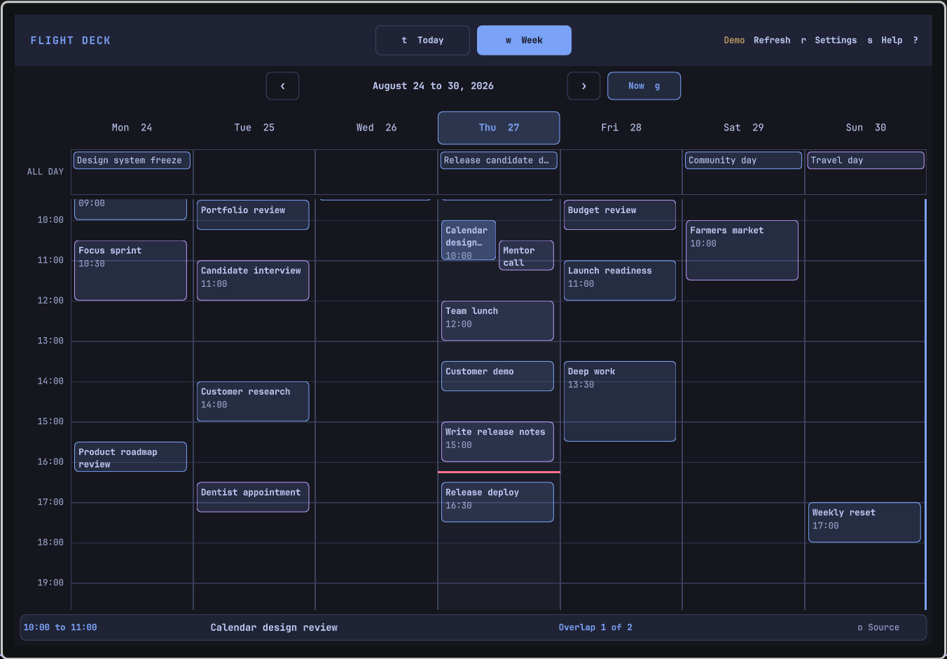 Flight Deck Calendar Week view with Google and Outlook events, an all-day lane, overlapping meetings, and current-time context